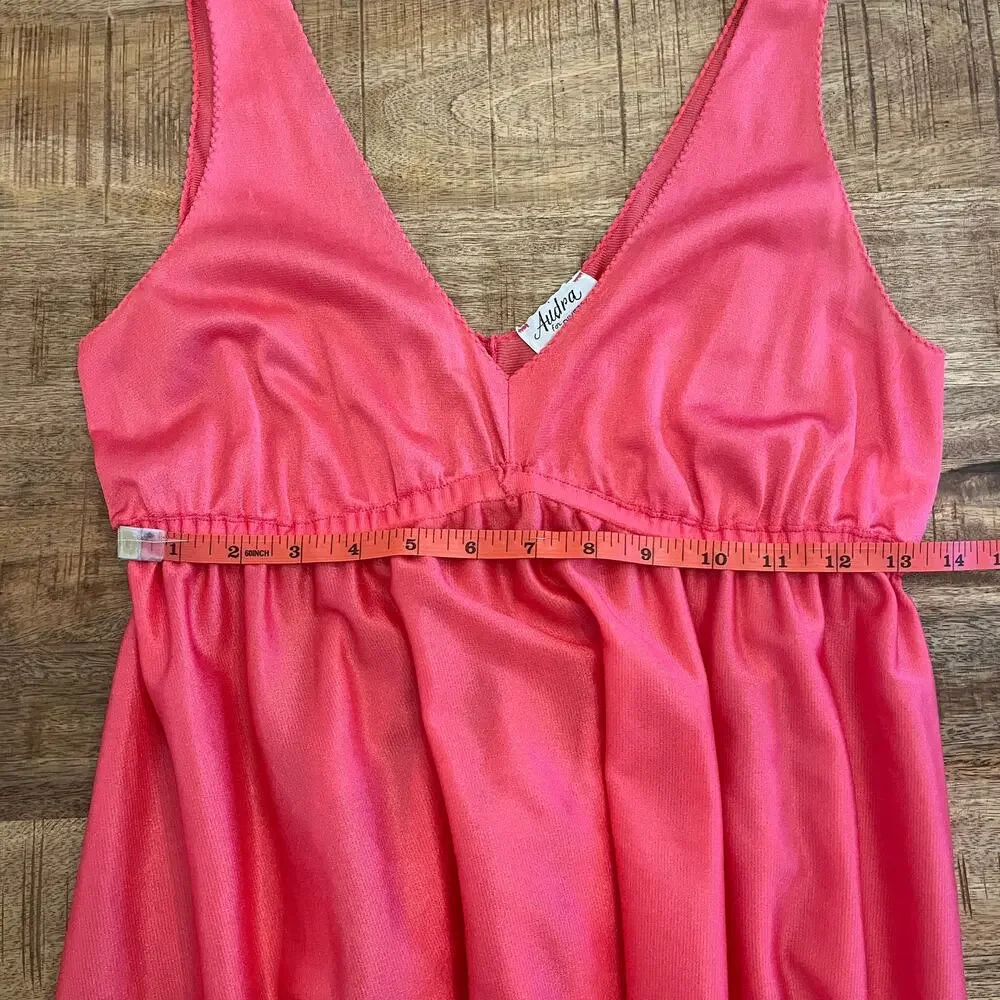 Vintage 70s Maxi Nylon Babydoll Slip Dress M Tiered Coral Pink Nightgown Lingeri